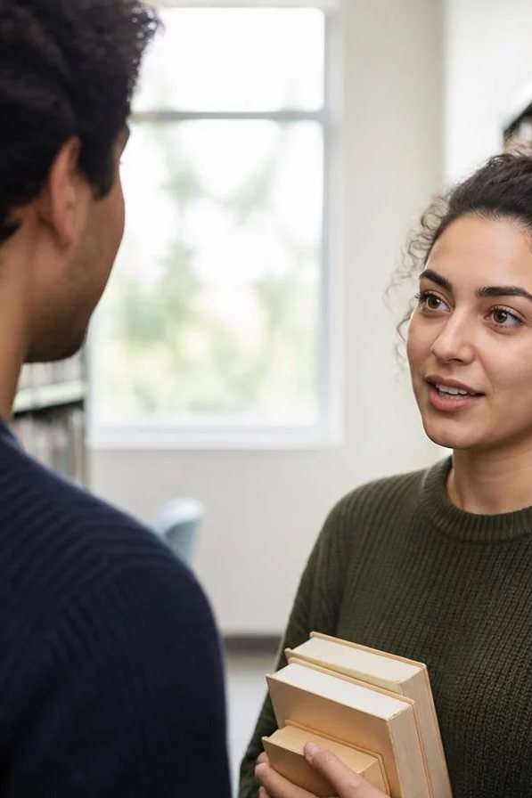 Duas participantes de pé conversando no corredor entre prateleiras de livros