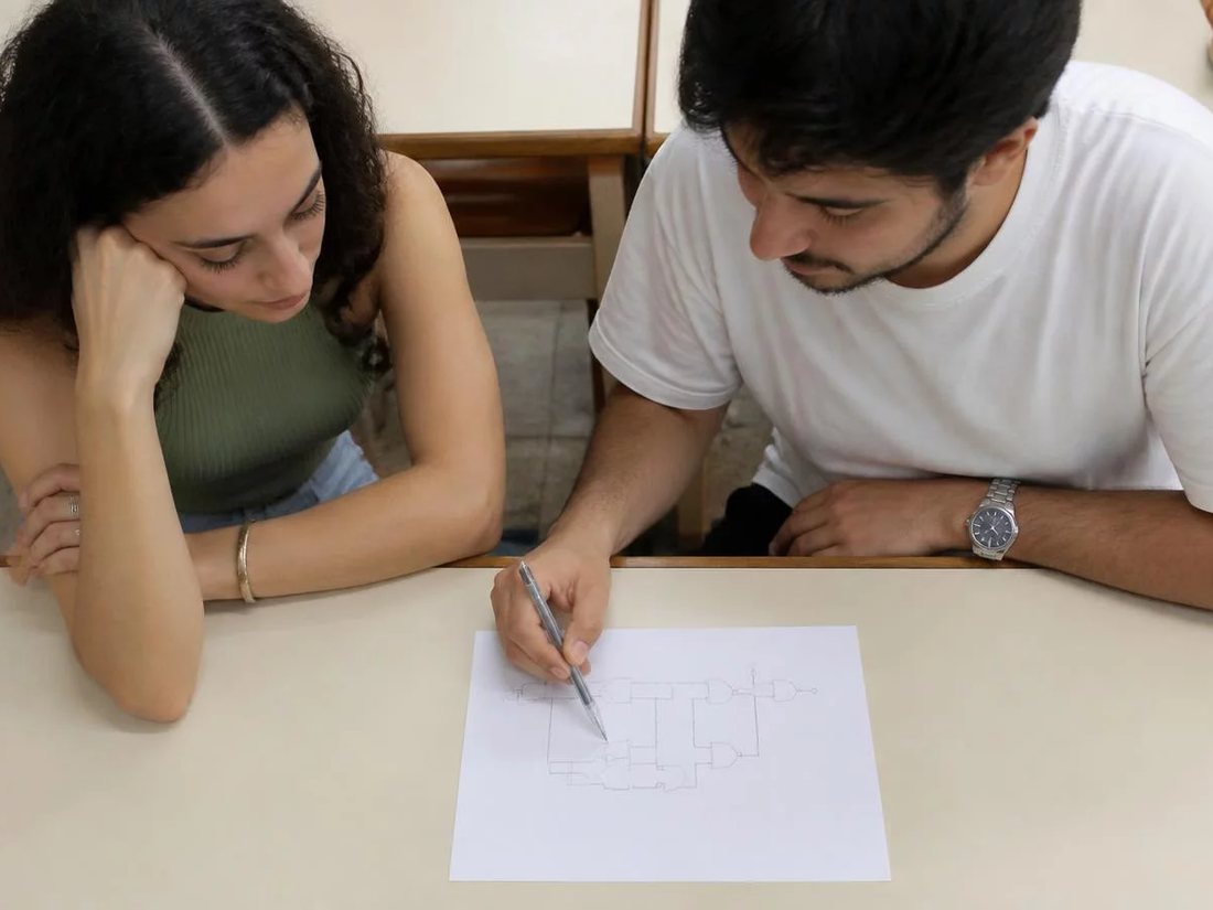 Dupla relendo anotações num tablet apoiado na mesa de madeira
